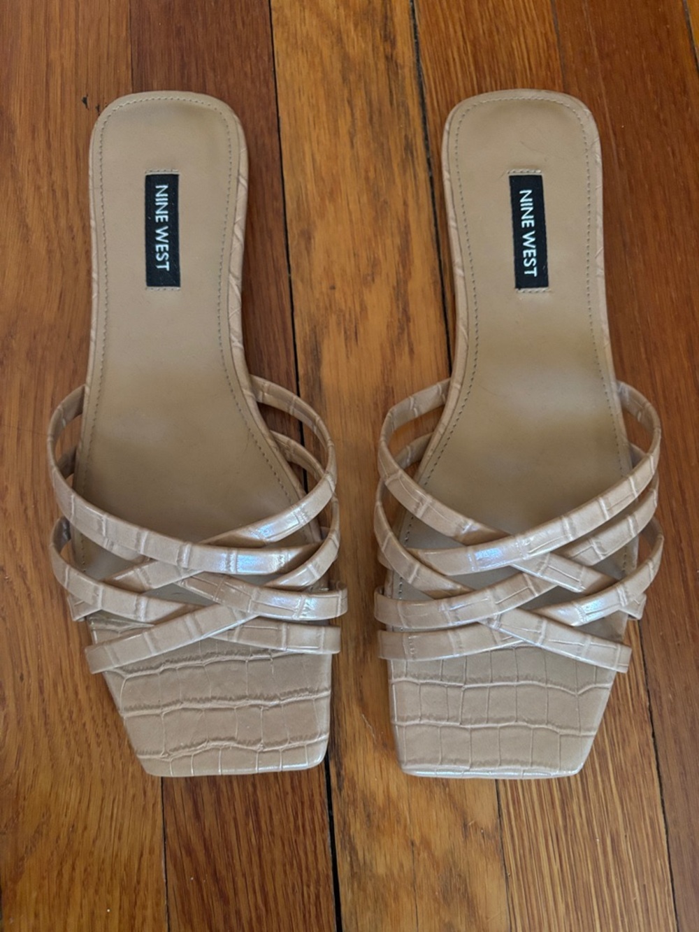 Nine West Beige Croc-Embossed Strappy Slide Mules